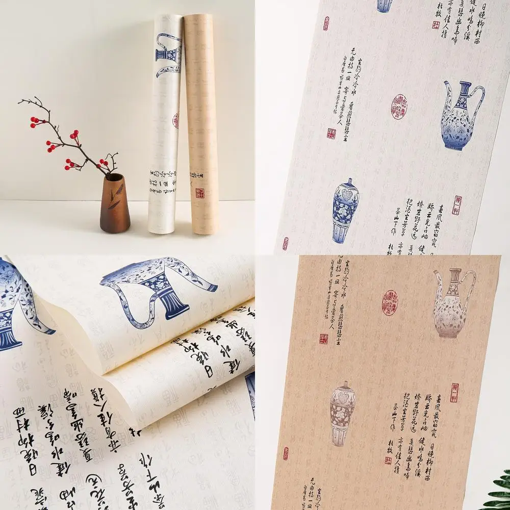 

Chinese Style 3D Blue and White Porcelain Poetry Seal Wallpaper for Study Dining Room Tea Room Restaurant Vintage Poetry Seal