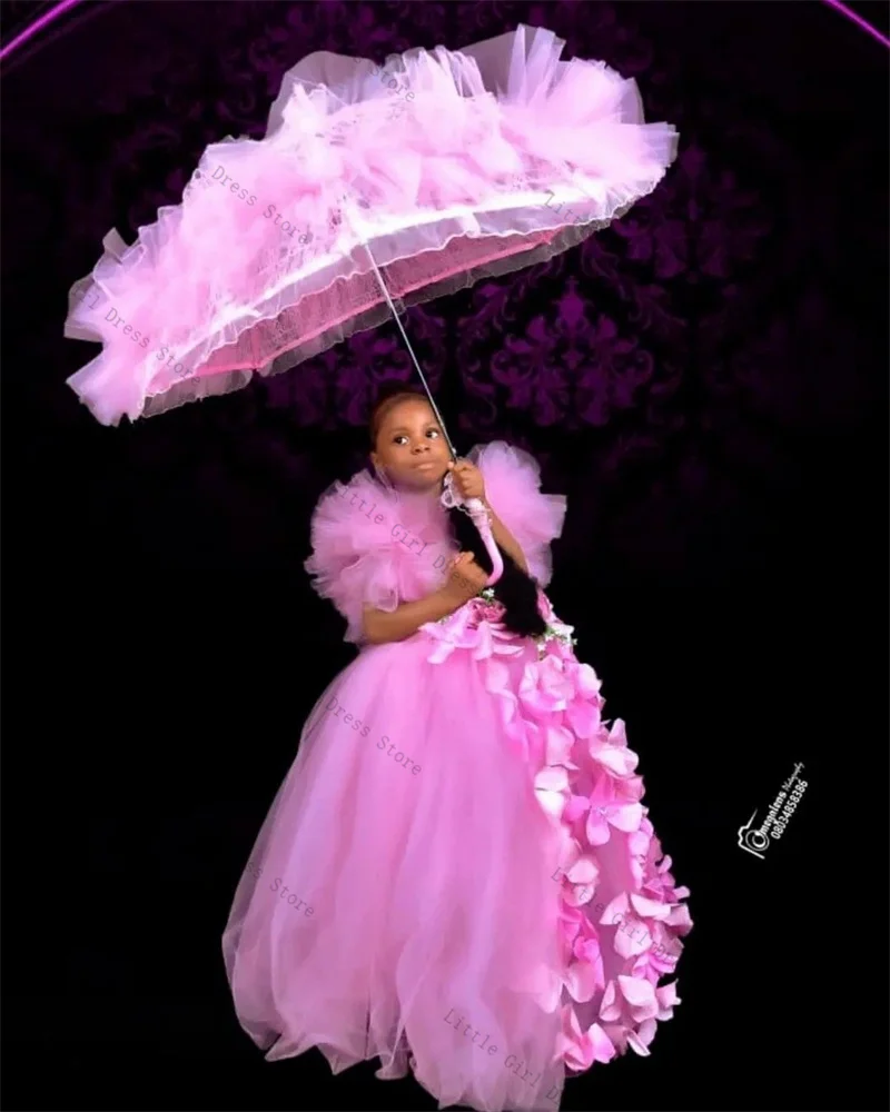 

Pink Princess Flower Girl Dress Sexy Sleeveless 3D Floral Stone Crystal Wedding Gown Kids Birthday Party Pageant Gown Customized