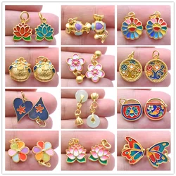 Vintage Ethnic Chinese Gold Color 5pcs Enamel Lotus Flower Charms For Jewelry Making Supplies Butterfly Sunflower Heart Pendant
