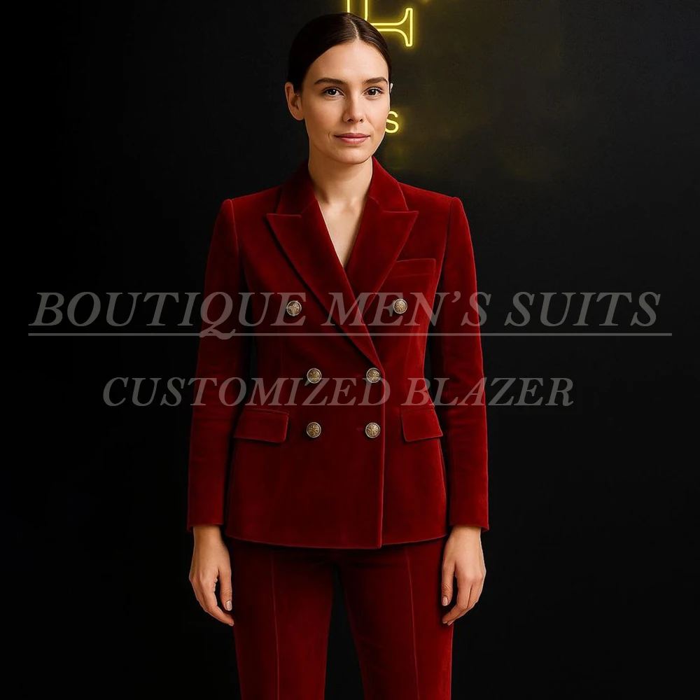 Customzied Velvet Women's Suits Luxury Double Breasted Peak Lapel 2 Piece Jacket Pants Full Sets Office Lady Evening Clothing