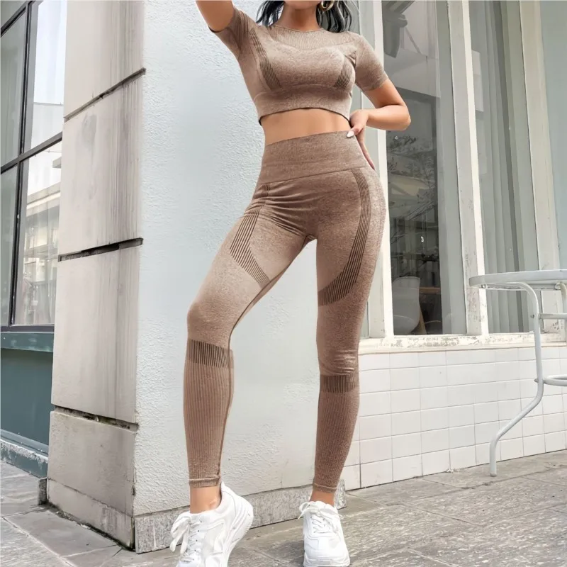 

Casual 2 Piece Sets Women Short Sleeve Crop Tops High Waist Tummy Control Pants Sportswear For Outdoor Sports Women's Sportswear