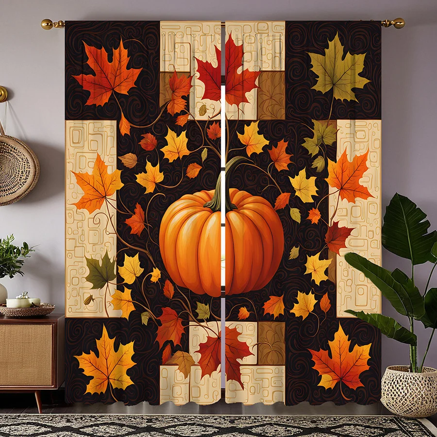 2 Pieces Autumn Pumpkin and Maple Leaf Print Curtains, Polyester Fabric, Suitable for Bedroom Living Room Decoration