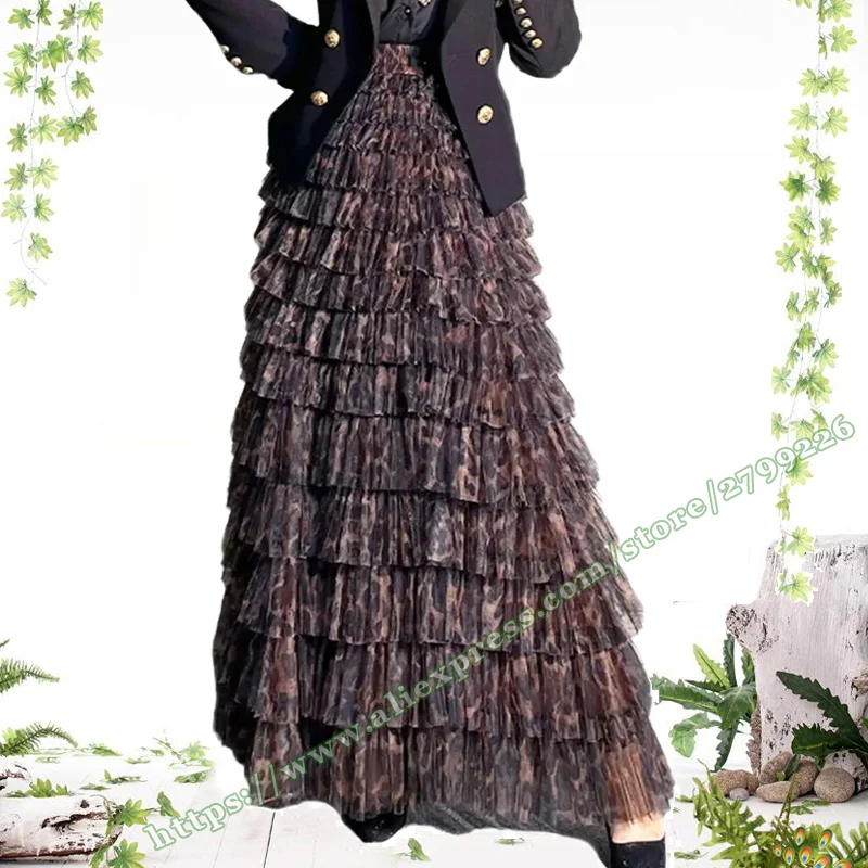 2025 Autumn Winter Fashion Retro Leopard Pattern Print Mesh Long Cake Skirt High waist A-line slim Maxi skirt for Womens