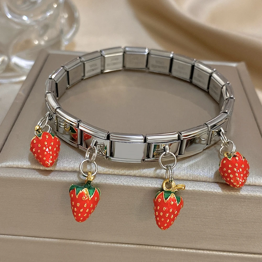 DODOHAO Strawberries Charm Bracelets Watch Band Strech Bangles For Women Sweet Stainess Steel Wraps Bangles Fashion Jewelry