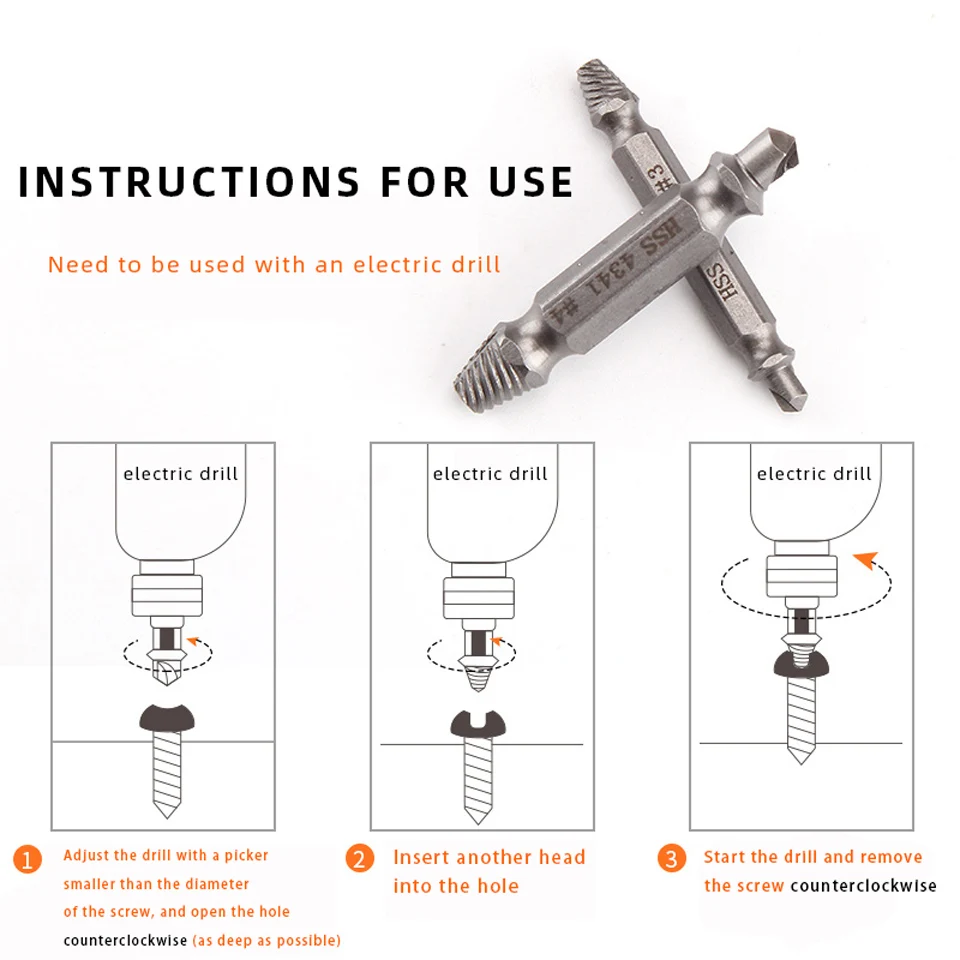 4 Stück beschädigte Schraubenausdreher-Bohrer, doppelseitige Beschädigung, Easy Out Stud Reverse Screw Extractor Tool Kit – Detail 4