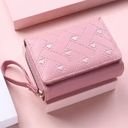 Cute Women's Wallet for PU Leather Fashion Embroidered Love Heart Tri-fold Small Card Holder Multi-card Slot Coin Purses