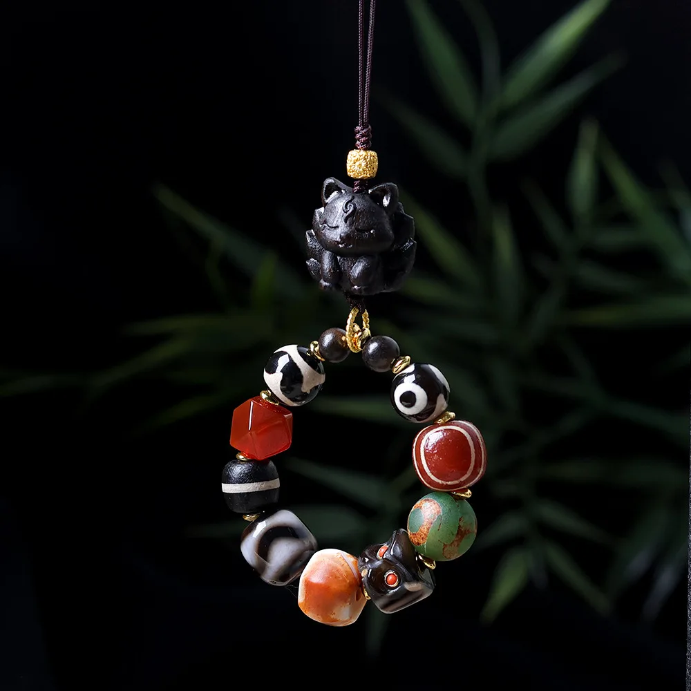 السماوية حبة الكنز زهر الخوخ الحرفي خشب الصندل تسعة الذيل الثعلب الزواج العرقية نمط سلسلة هواتف حقيبة قلادة