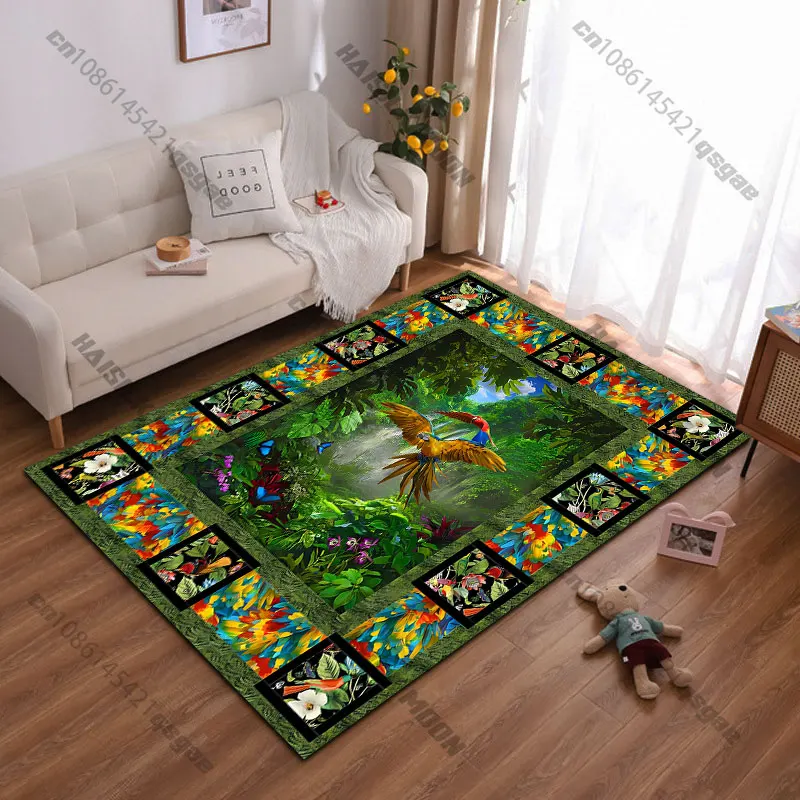 Colorful parrots amidst vibrant jungle carpet Yoga living room room decor children's crawling mat doormat area rug