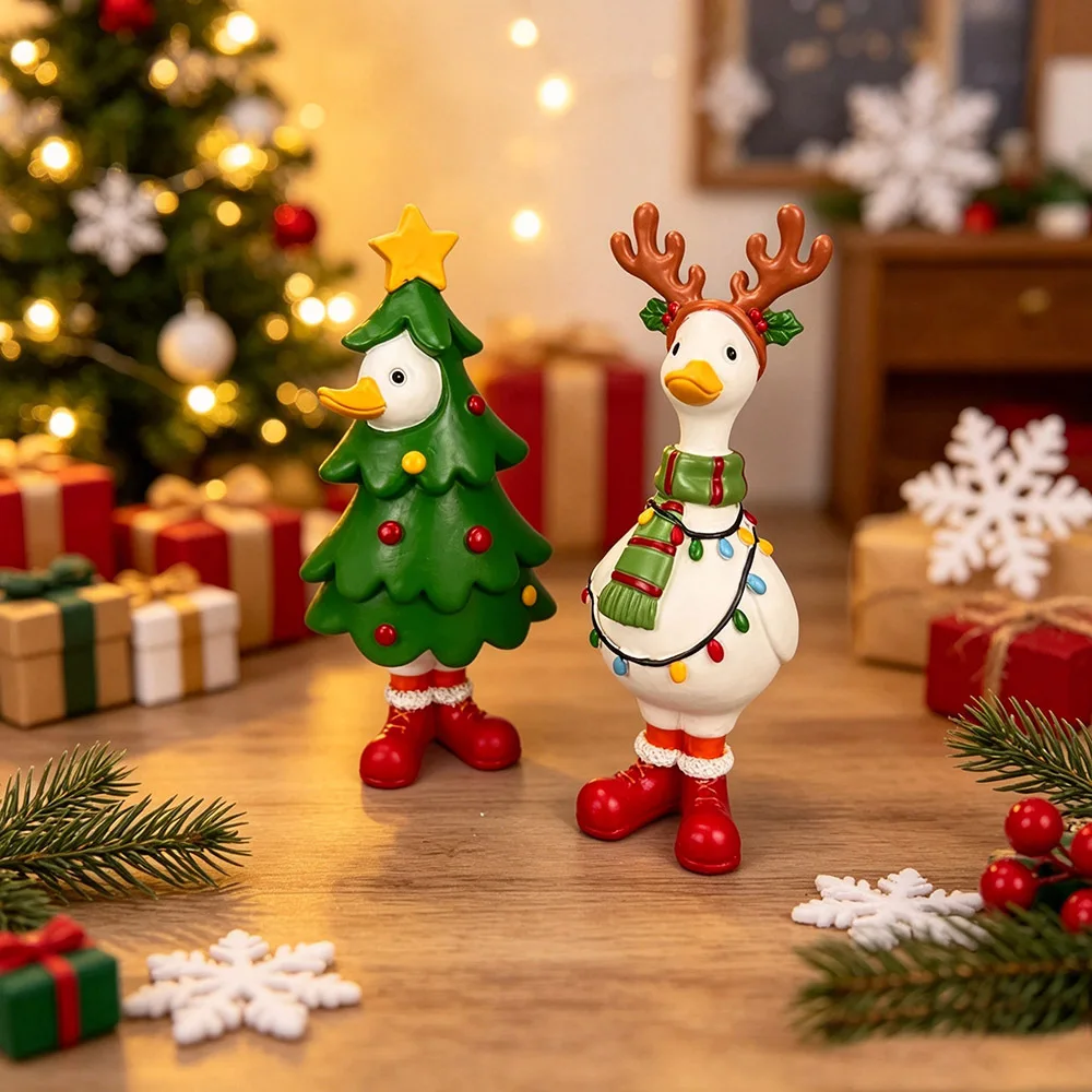 Christmas Reindeer Duck Figurine Decoration Resin Holiday Tabletop Ornament Goose Statue for Home Mantel Shelf Xmas Decor Gift