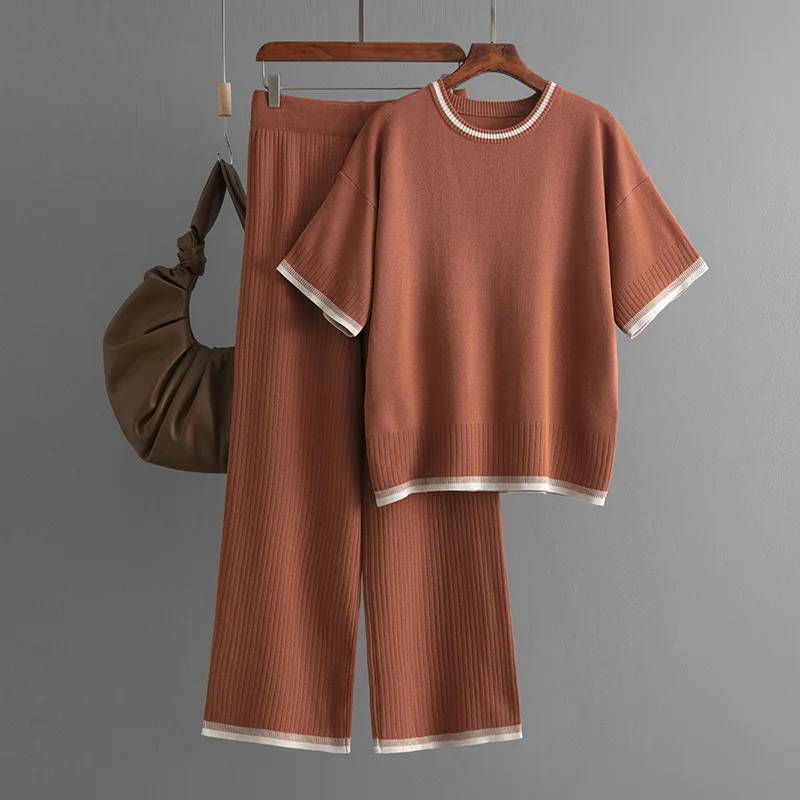 

Women Casual Loose Knitted 2 Piece Sets Korean O-neck Short Sleeve T-shirts Tops Conjuntos High Waist Wide Leg Pants Outfit New