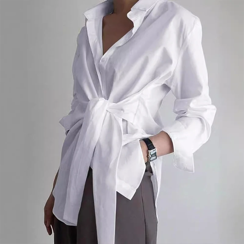 

BKLD Solid Color Elegant Fashion Blouse For Women Loose Fit Turn-down Collar Long-sleeve Button Up Strappy Simple Shirts OL Wear