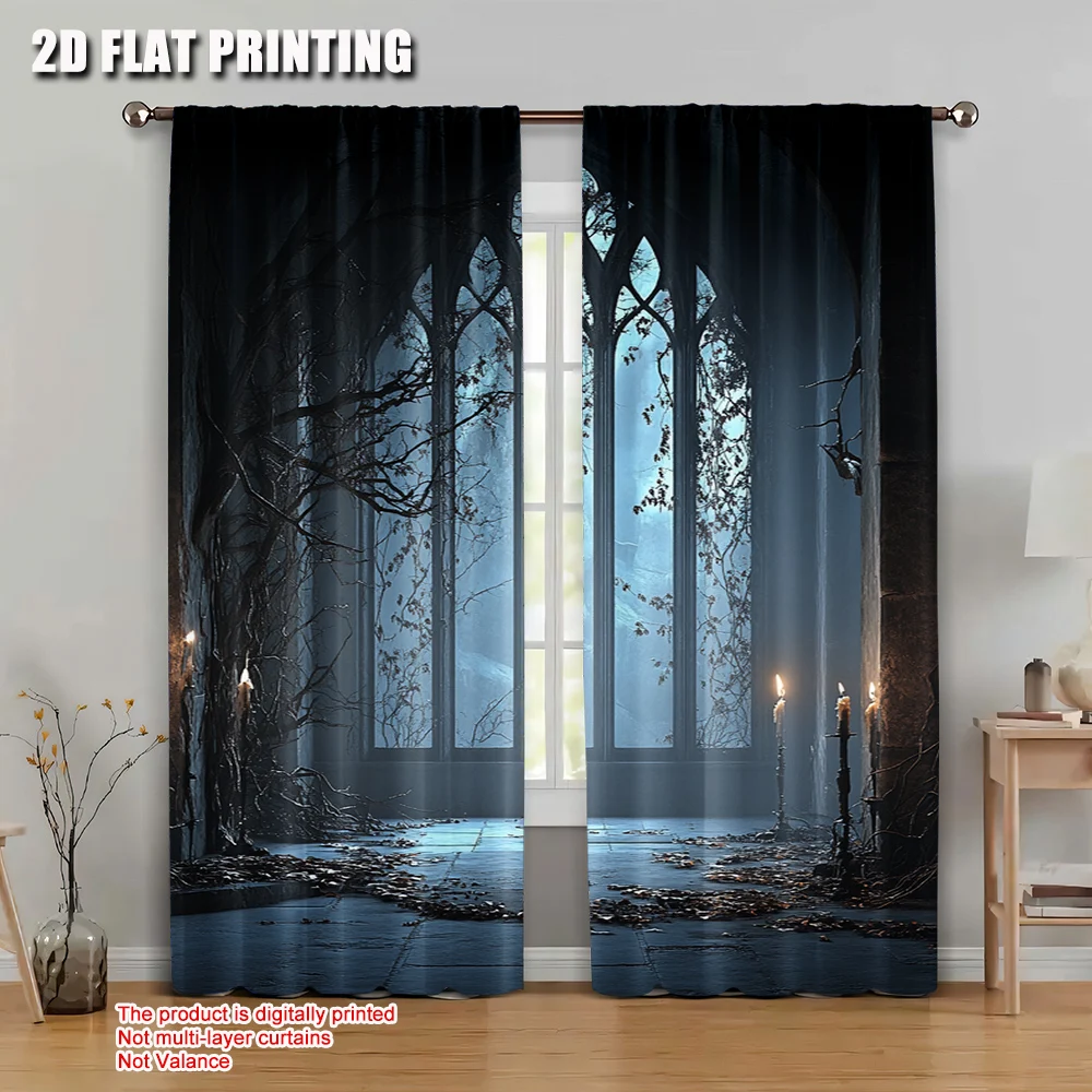 2pcs 2D flat printing Party Curtain Horror House Halloween Historical Gate Gothic Candle Landscape1 Machine Washable Fabric