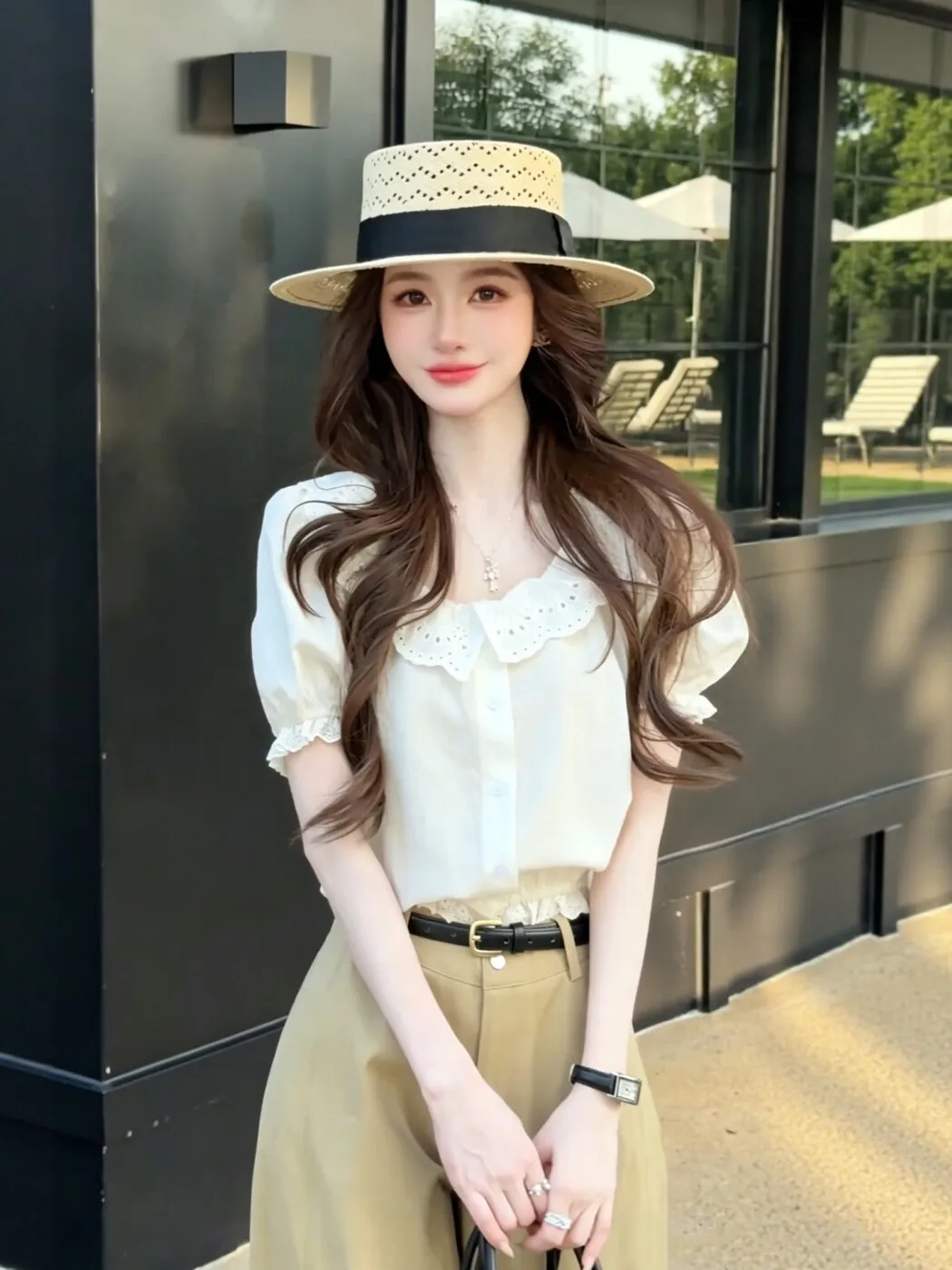 

Korean Style Sweet White Ruffle Sleeve Shirt Women's Short Style Slimming Beautiful Summer New Arrival Bubble Sleeve Top