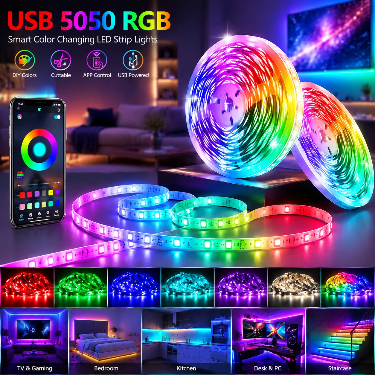 Smart Bluetooth 5050 RGB LED Strip USB Dimmable Multicolor LED Tape, TV Backlight Bedroom Wall Indoor Home Xmas Festival Decor