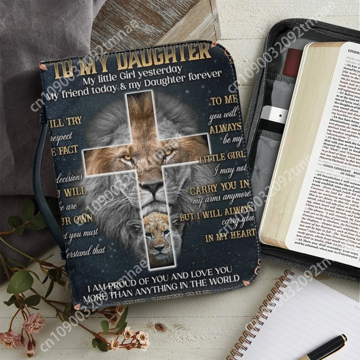 

Cross Lion Fashion Zipper Handle Bible Cover Case for Ladies Christianity Bags for Holy Bible Cover Custom Bible Bag for Woman