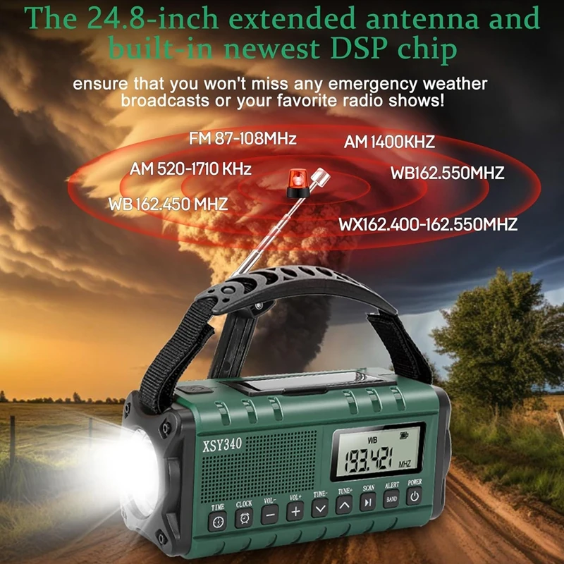 Emergency Weather Radio,AM/FM/NOAA Hand Crank Solar Powered 10000Mah Phone Charger Radio,LCD Display Alarm Clock Easy To Use