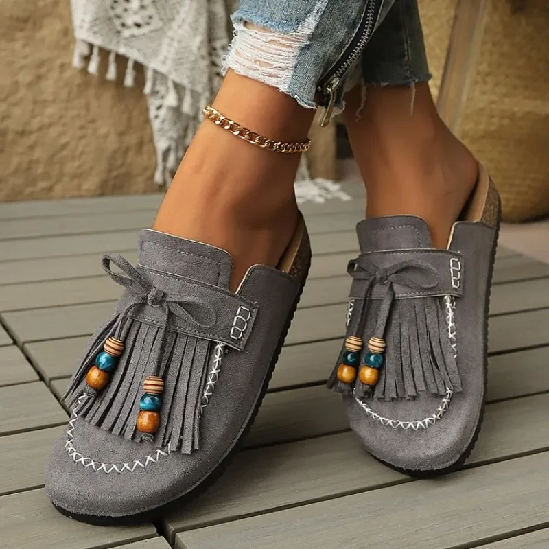 Damen Vintage Quasten-Wildleder-Clogs, Geschlossene Zehenpartie Korksohlen-Mules, Rutschfeste Slip-On-Hausschuhe für Innen- und Außenbereich Freizeitkleidung – Detail 5