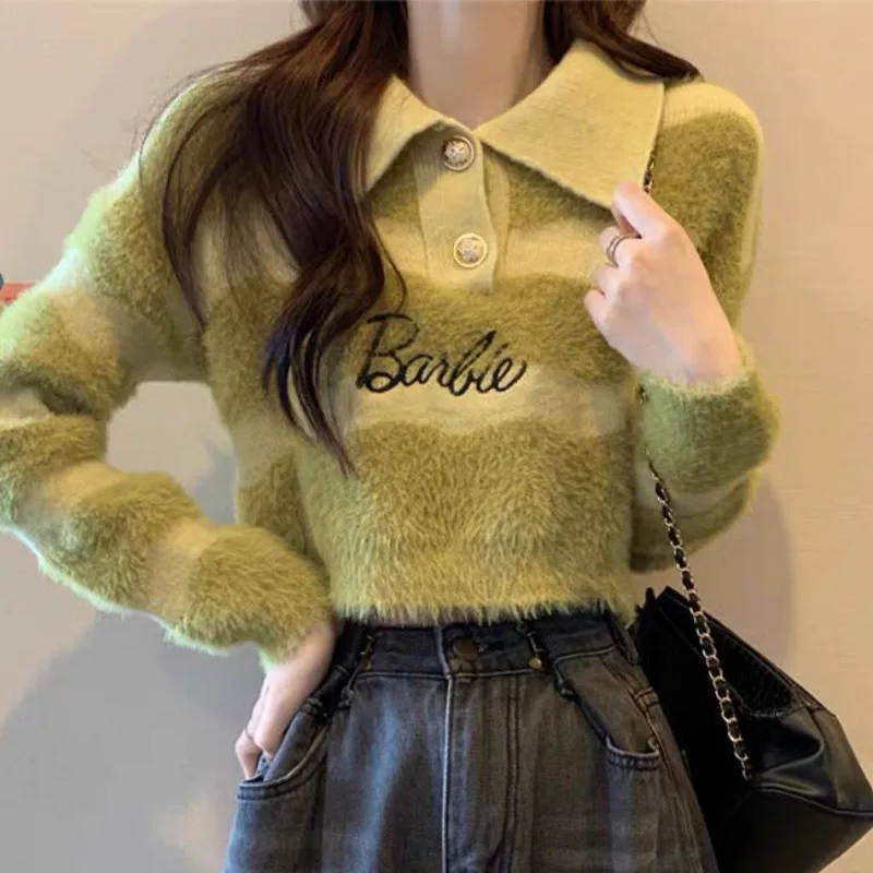 Anime Barbie Polo Collar Striped Sweater Women\'s Fall Winter Lazy Loose Bottoming Kawaii Sweater Short Letter Embroidered Tops