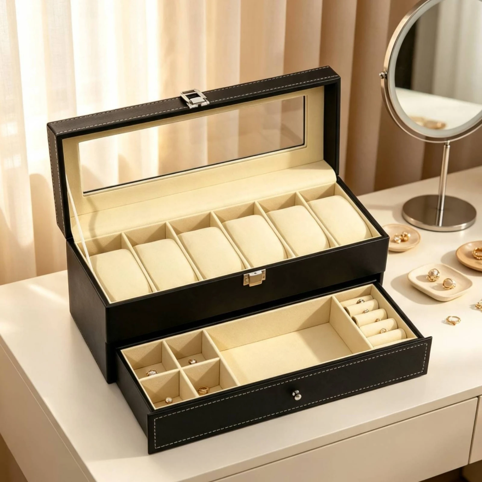 Watch Box with Drawer Multi-Functional Double Layer Watch Box for Dresser, Closet