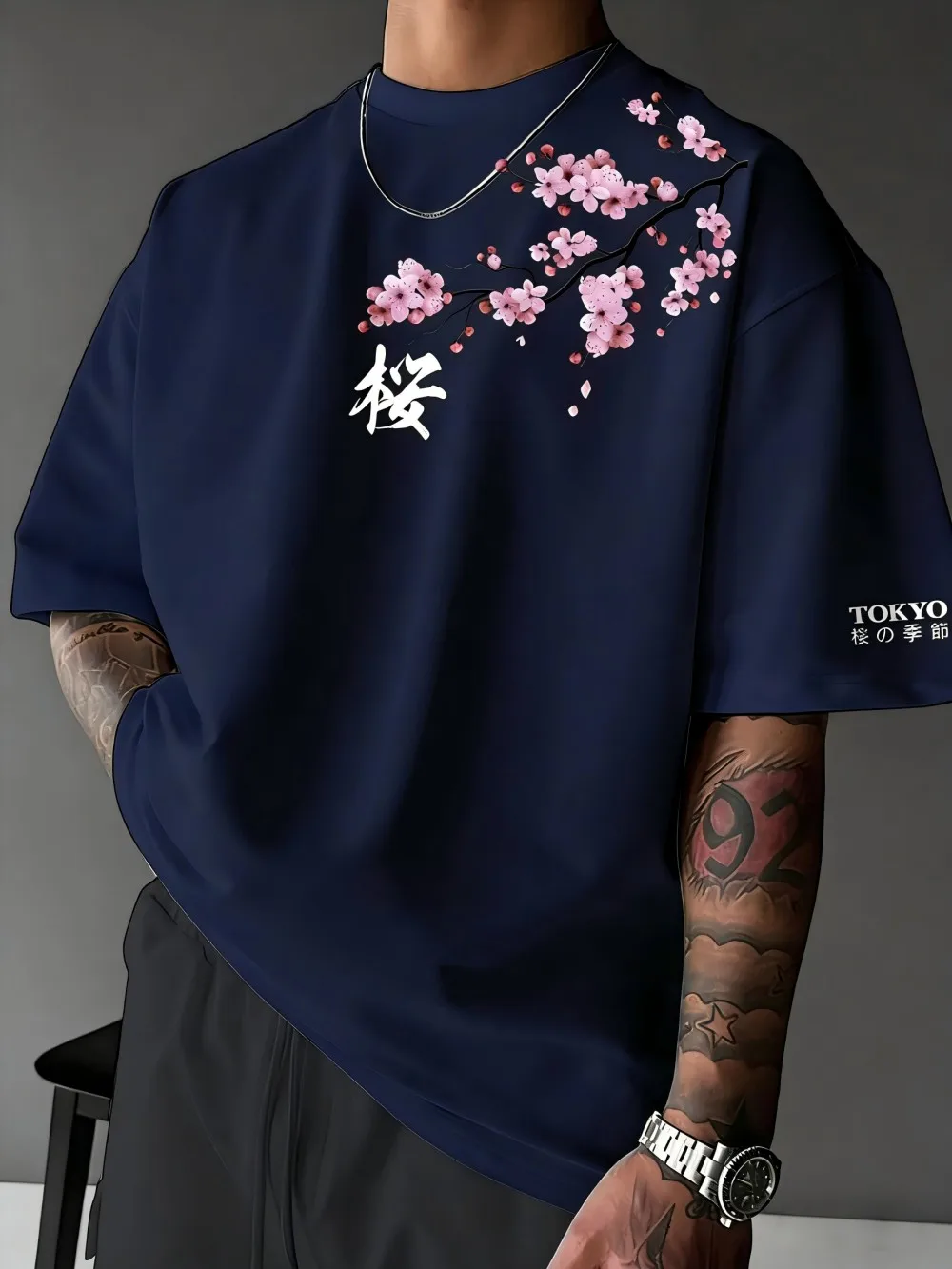 European and American men's summer letter cherry blossom print comfortable and breathable round neck T-shirt outdoor street top