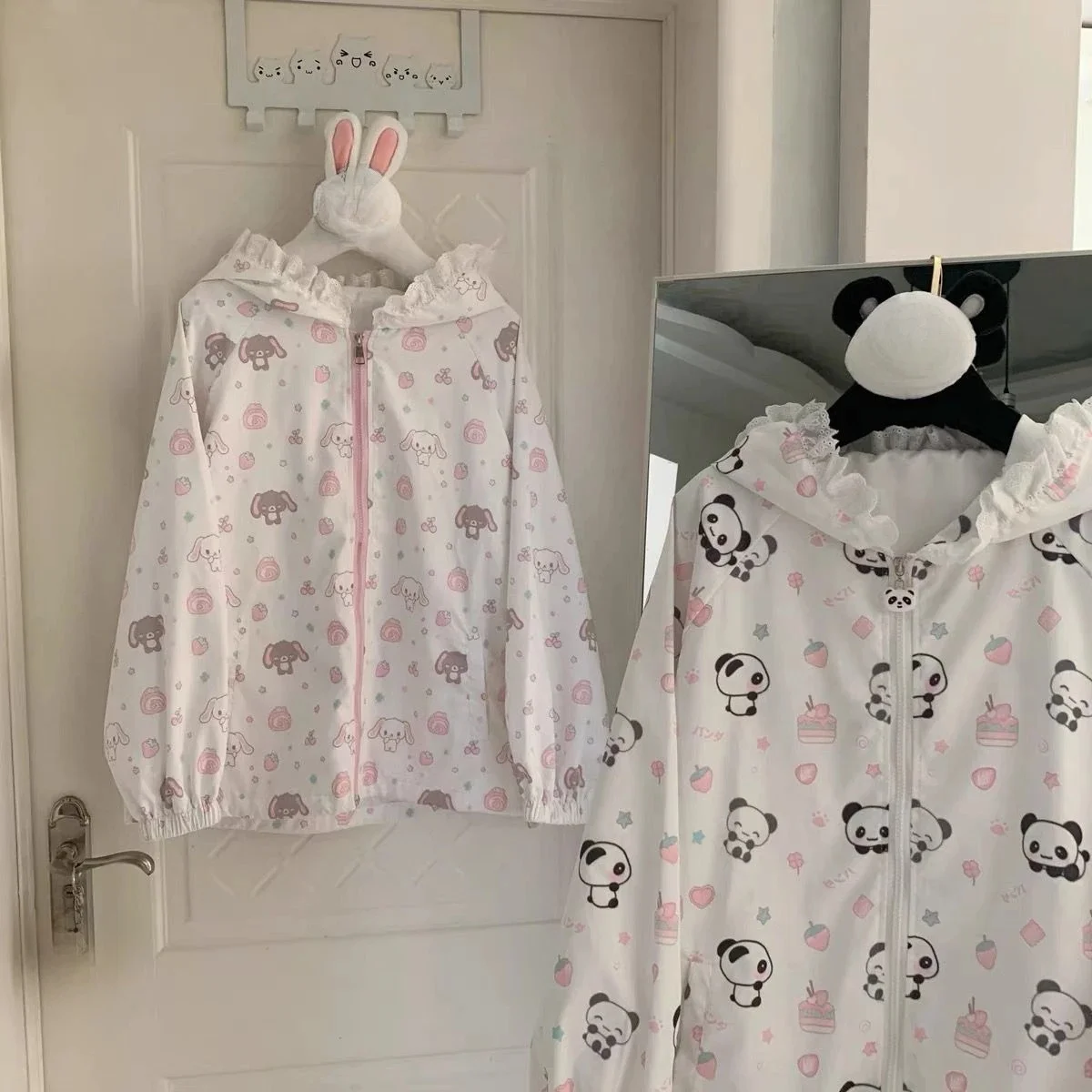 Japanische Kawaii Cartoon-Katzen-Print-Jacken Y2k Ästhetische Lässige Sonnenschutz-Reißverschluss-Damenoberteile Grunge Patchwork Kapuzenmäntel – Detail 2
