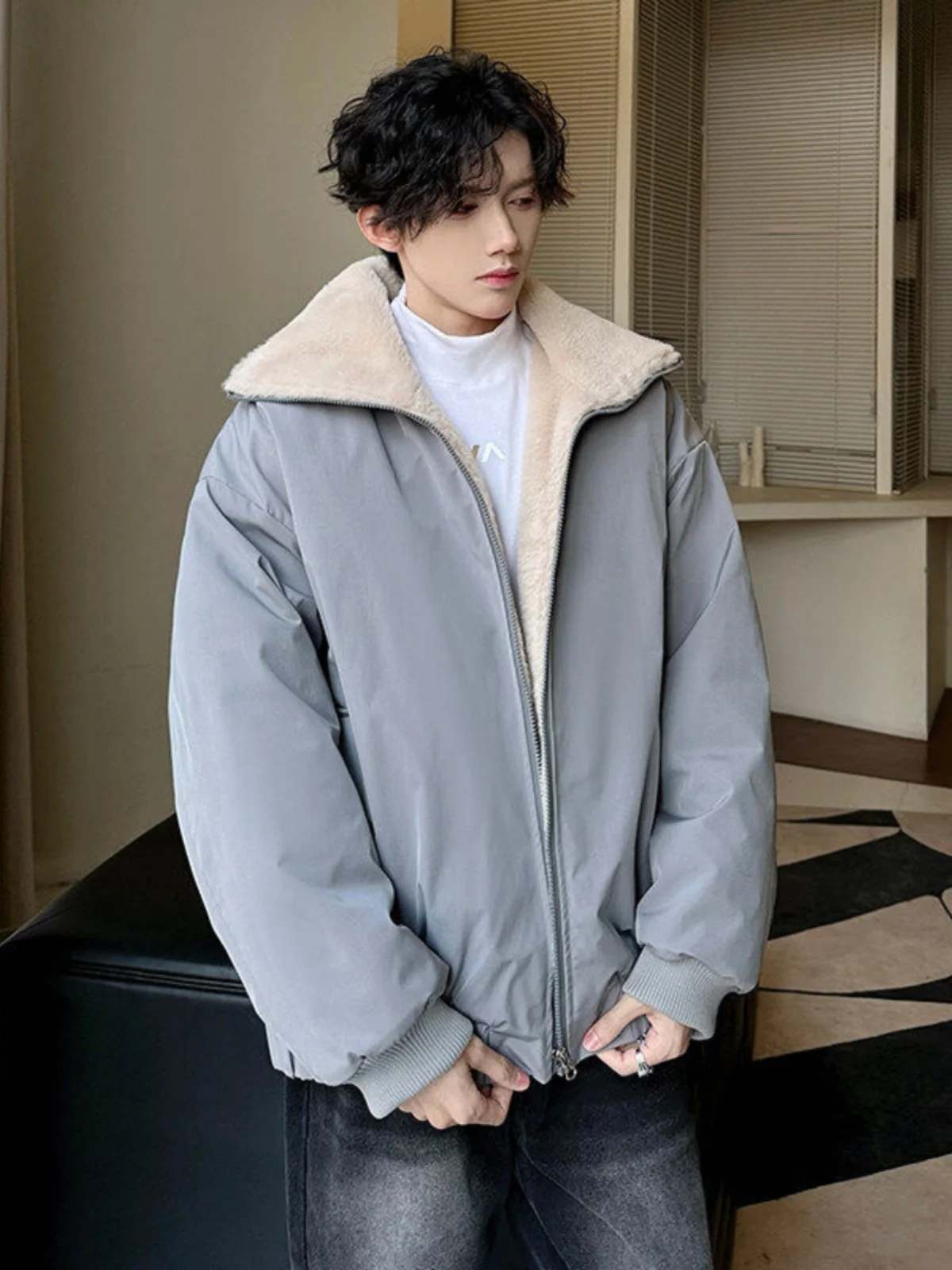 

American Retro Leather And Fur Inteated High Collar Cotton Jaet for Men Warm Outerwear Coat Youth Casual Sle Zipper Clo...