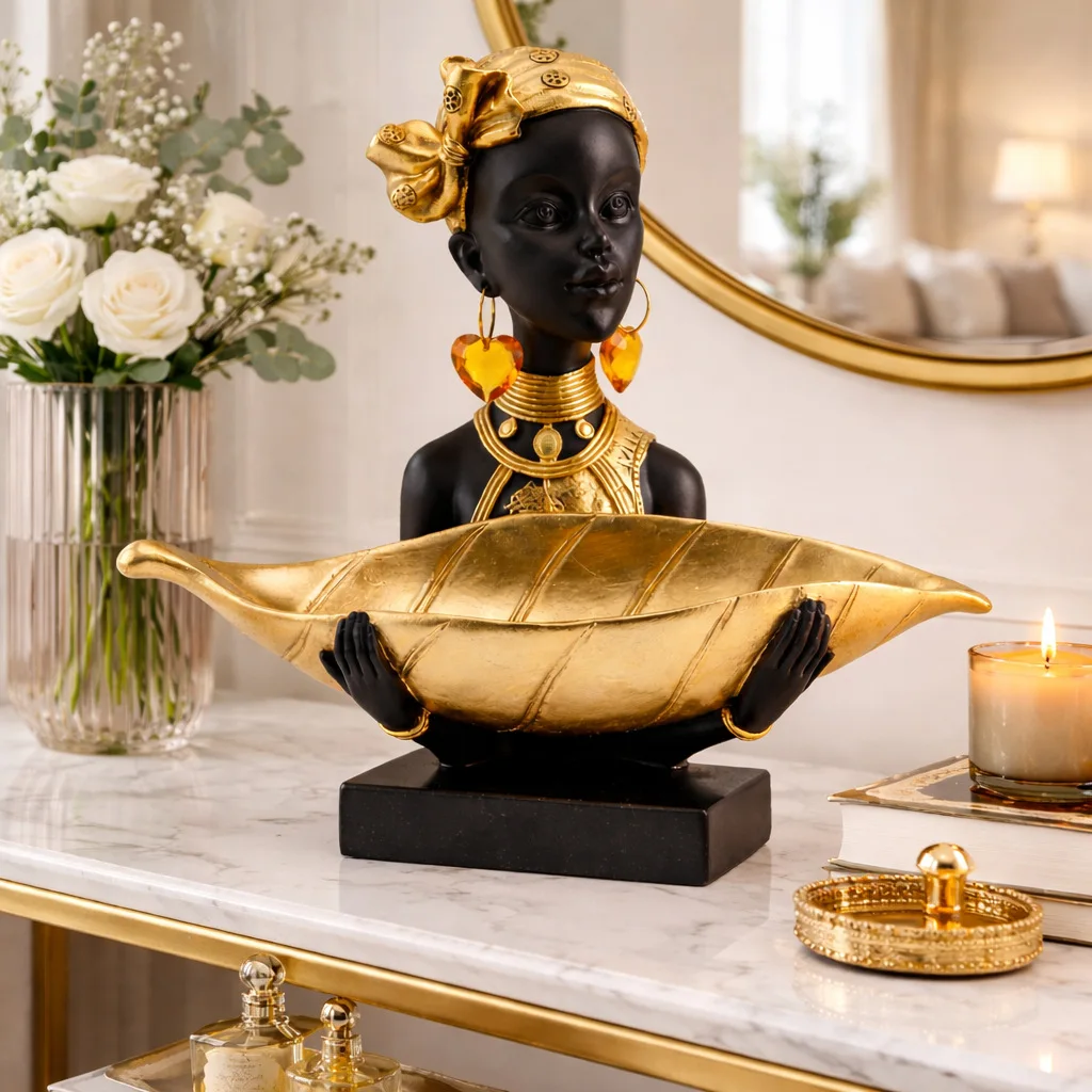 African Woman Bust Storage Tray Resin Statue Black Gold Leaf Jewelry Key Holder Modern Luxury Entryway Tabletop Decor Ornament - view 3