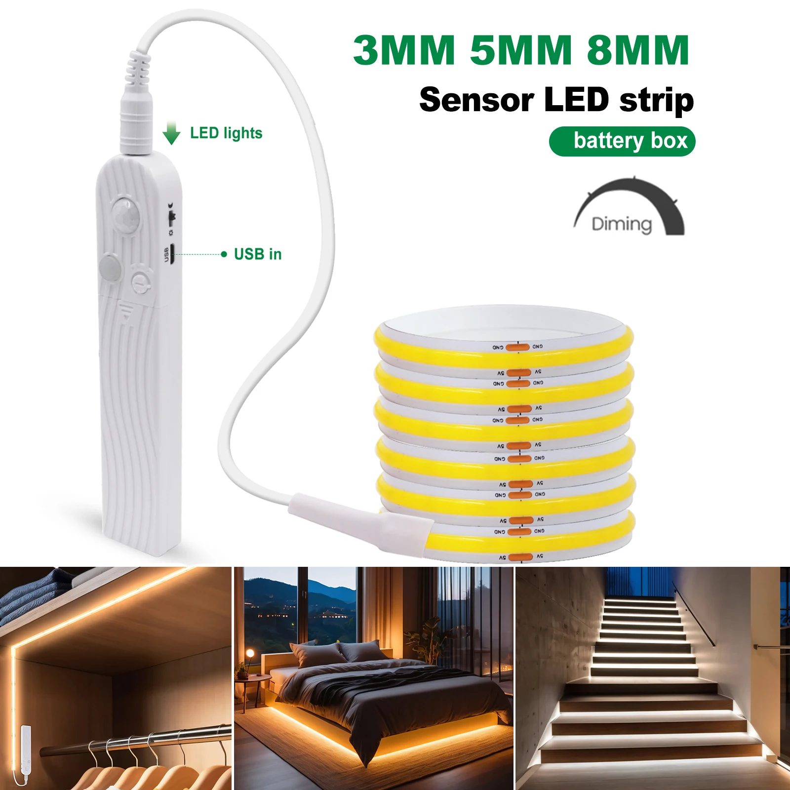 

Motion Sensor COB Led Strip Battery 3MM 5MM 8MM Width Human Body Induction Under Bed Lamp for Cabinet Wardrobe Kitchen Stairs