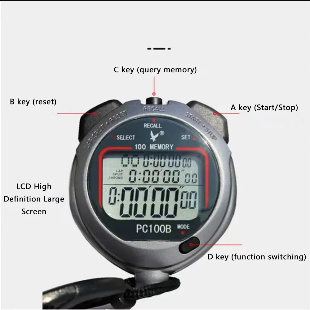 Electronic Stopwatch Timer Three Row 100 Track Memory Professional Handheld Training Timer Outdoor Waterproof Running Stop Watch