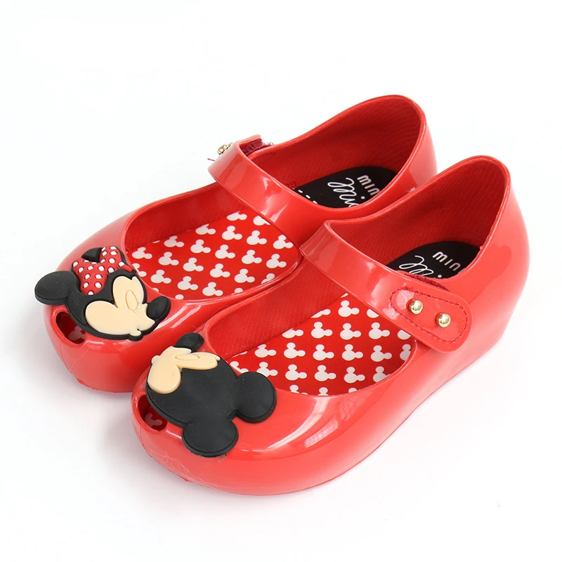 Disney Children Shoes Summer Sweet Princess Bow Beautiful Girl Deodorant Breathable Velcro Red Jelly Sandals for Kids 4Y-6Y