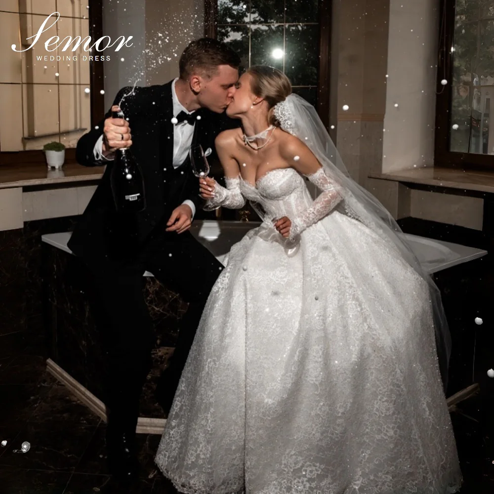 Semor luxury Lace Sequin A-line Wedding Dresses Sweetheart Collar Bridal Gown shining Pleat 2026 vestido de novia Customized