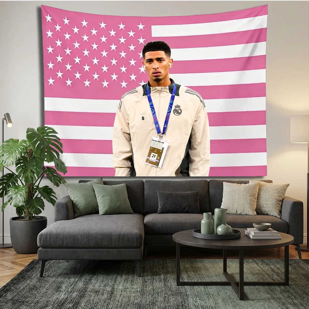 Jude Bellingham Football Athlete Tapestry, Pink American Flag Portrait Wall Hanging for Sports Fan Living Room Bedroom Dorm Deco
