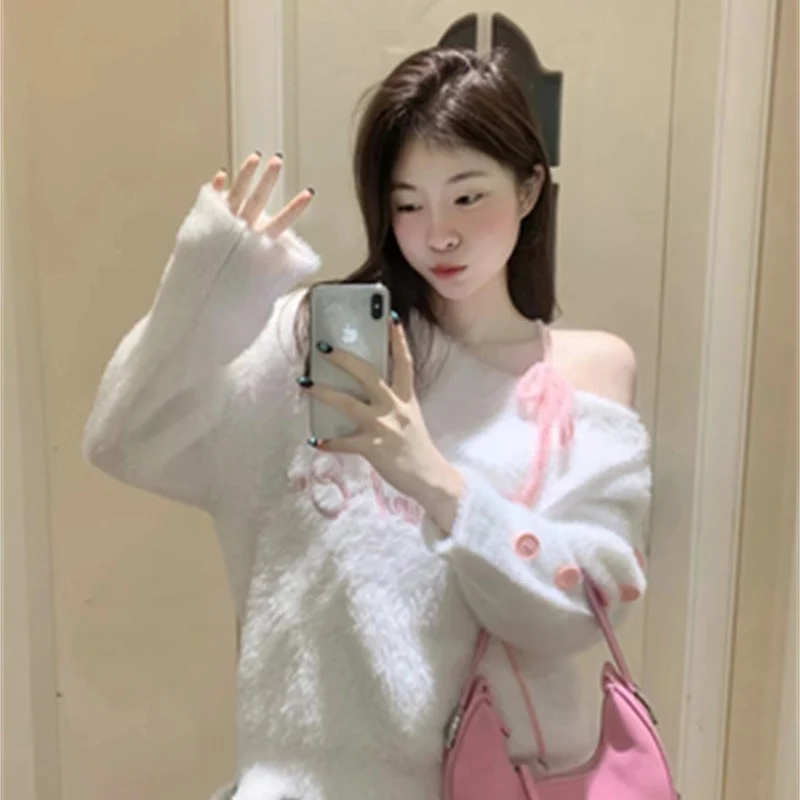 

Sweet Soft Knitted Slant oulder Color Blo Loose Women's Sweater Autumn Winter Cotton Comfortable Top Trendy Casual Wear