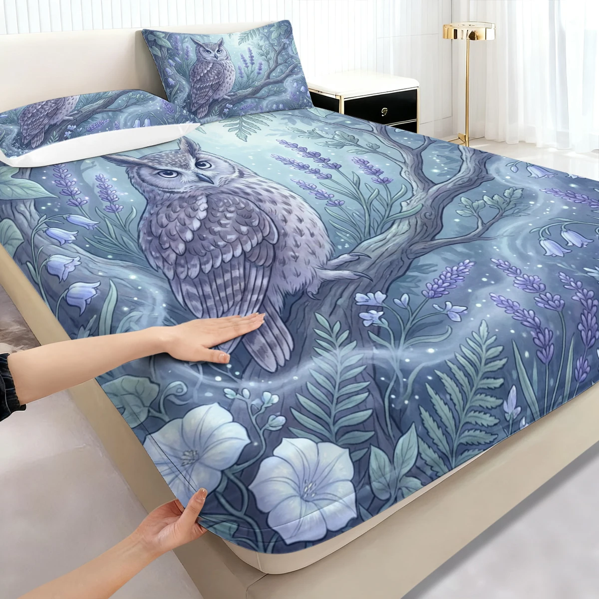 3Pcs Fitted Sheet Set Owl Bedding With Pillowcases Mystic Misty Bedroom Home Decor Branch Fern Night Bird Vintage Blue Floral