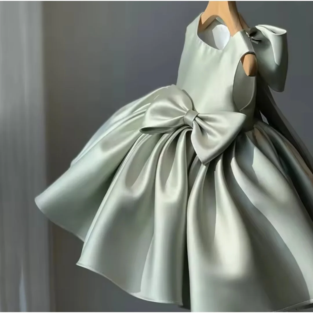 Sage Green Satin Flower Girl Dress Big Bow Sleeveless Kids A‑Line Formal Gown For Wedding Baptism Birthday Party