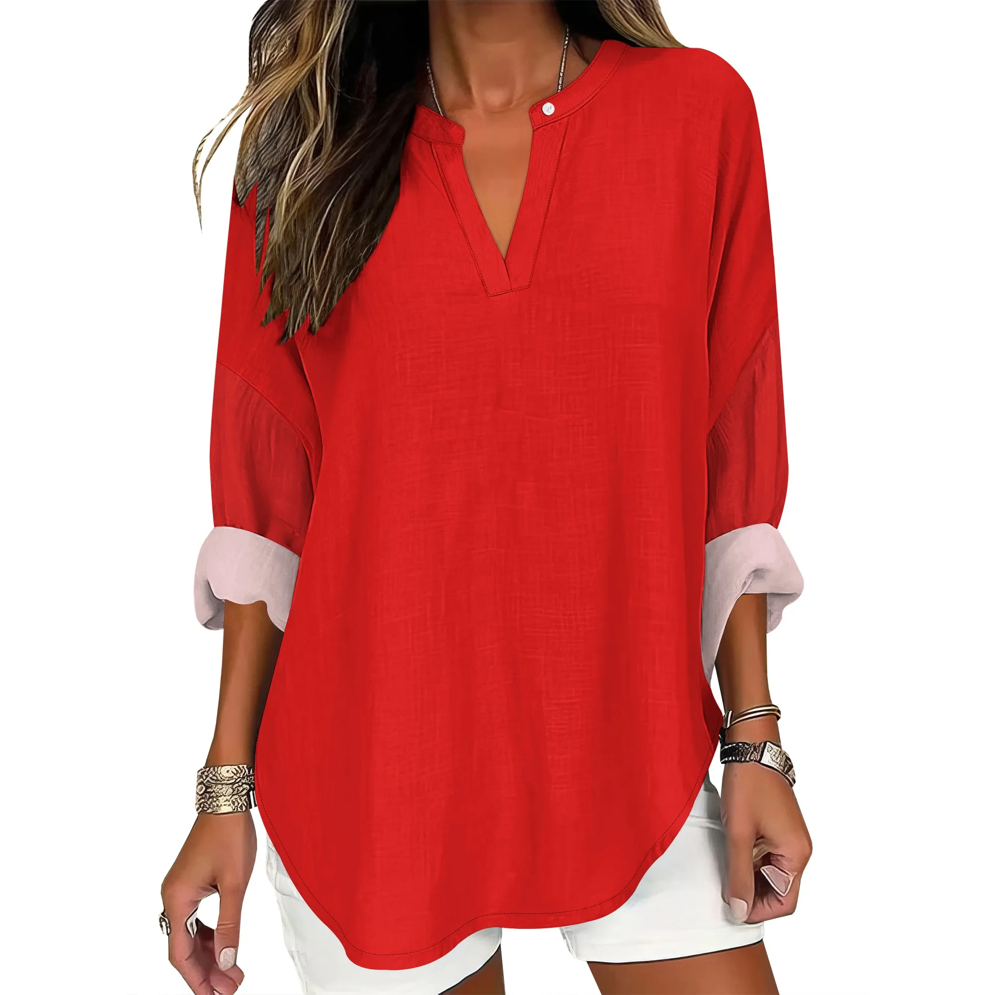 

Womens Boho Blouses Long Sleeve Solid Color Print V Neck Flowy Tops Causal Shirt for Women Beach Vintage Clothoes