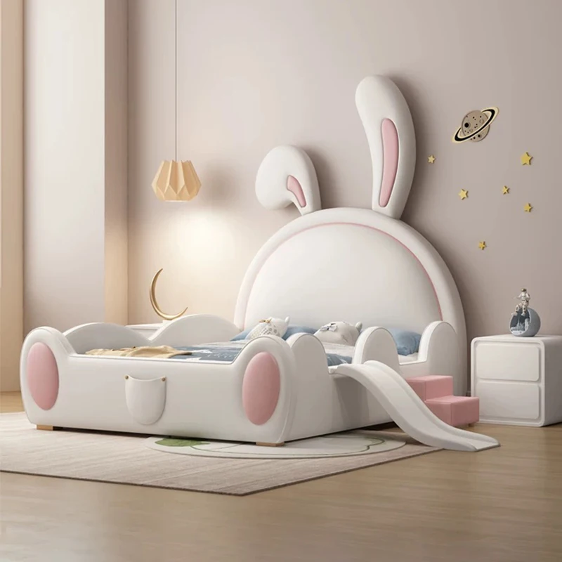 Set Furniture Bedroom Modern Bunny Bed Cream Style Leather Children's Bed  for Kids Latest Design Safety Bed with Guardrail