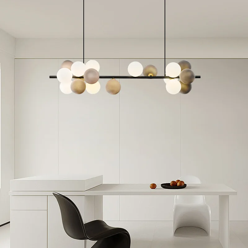 All-copper long restaurant light, post-modern designer model room, dining table, bar counter, window, personalized chandelier