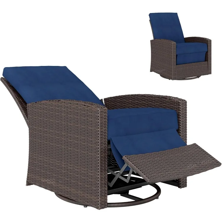 Outdoor Wicker Swivel Recliner Chair, Reclining Backrest, Lifting Footrest, 360° Rotating Basic, Water Resistant Cushions