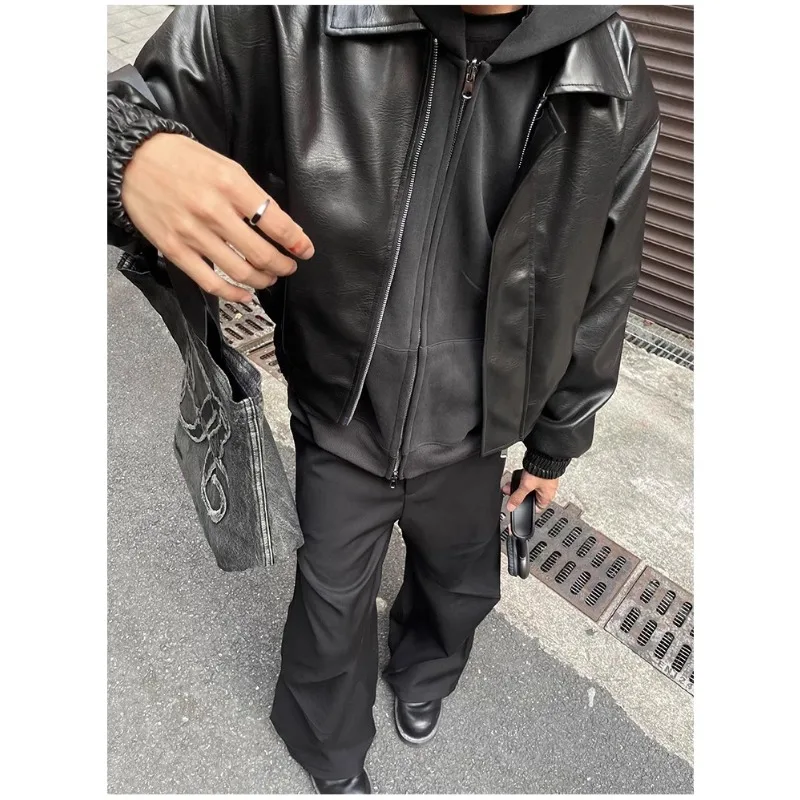 

Spring Autumn Men's Clothing Black PU Leather Shoulder Pads Short Jacket Men Trendy Casual Zipper Loose Spliced Designs Coat Top