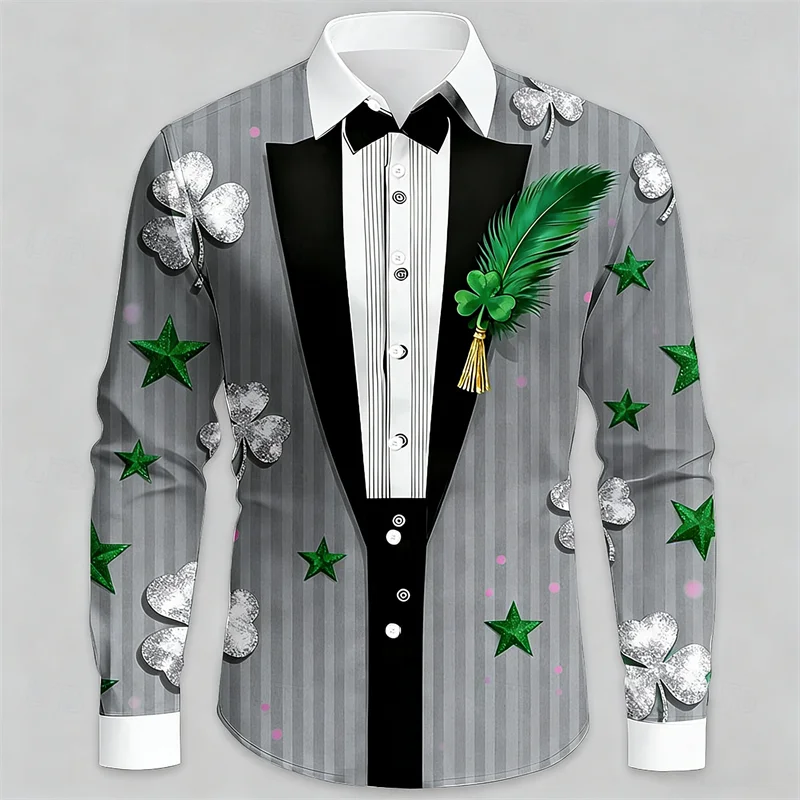 New long sleeved high-end men's shirt 3D clover print feather street style shirt loose and comfortable top