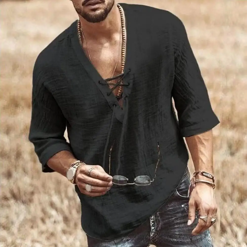 Men V-neck Shirt Men's Lace-up V Neck Shirt Retro Style Pullover for Daily Wear Quick Dry Thin Fabric Loose Fit Mid Sleeves Top