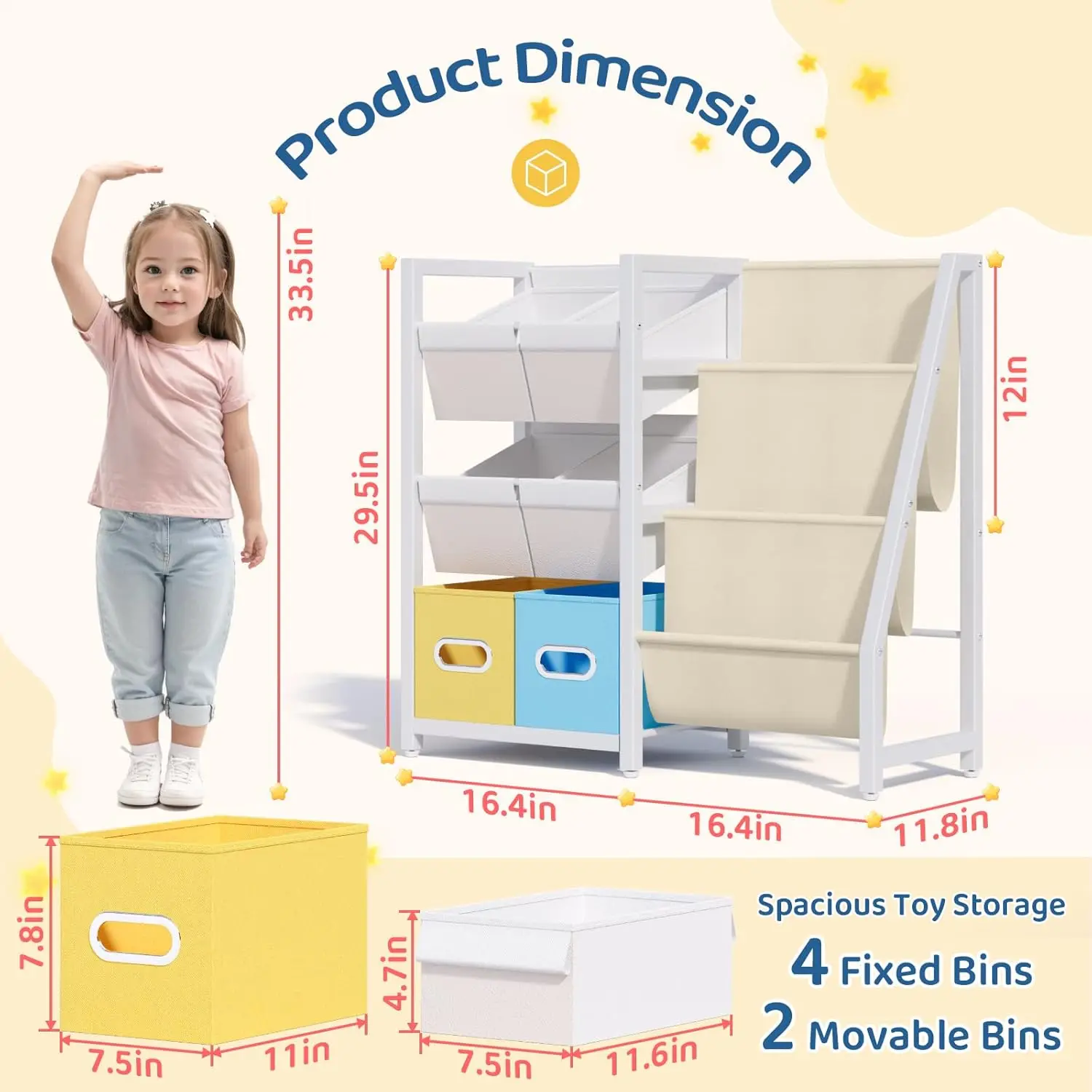 

Kids Bookshelf Toy Storage Organizer - Book Shelf For Kids Rooms, 6 Toy Bins For Kids Organizer And 3 Sling Kids Bookcase,
