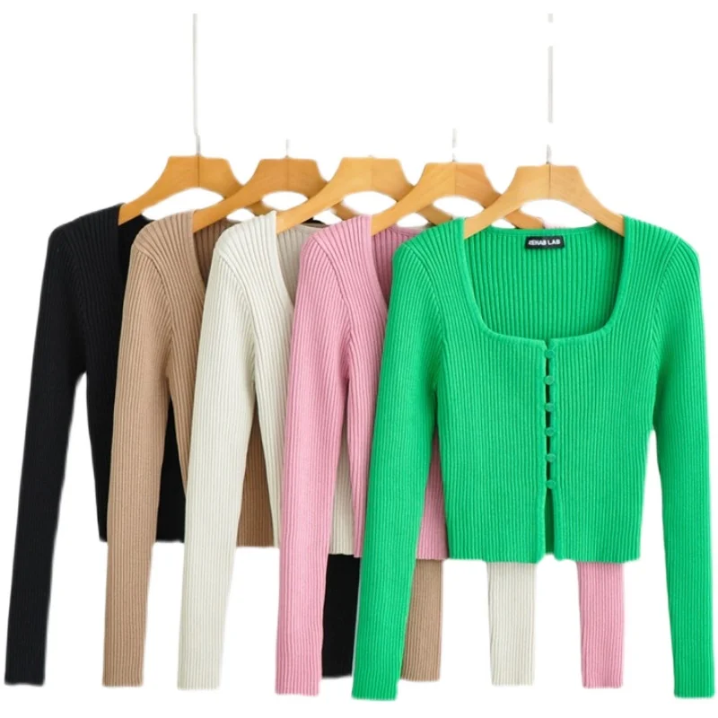 Cárdigan de punto con cuello cuadrado Retro americano, ropa interior ajustada con botones de perlas, informal, largo, Sve Spring Faion