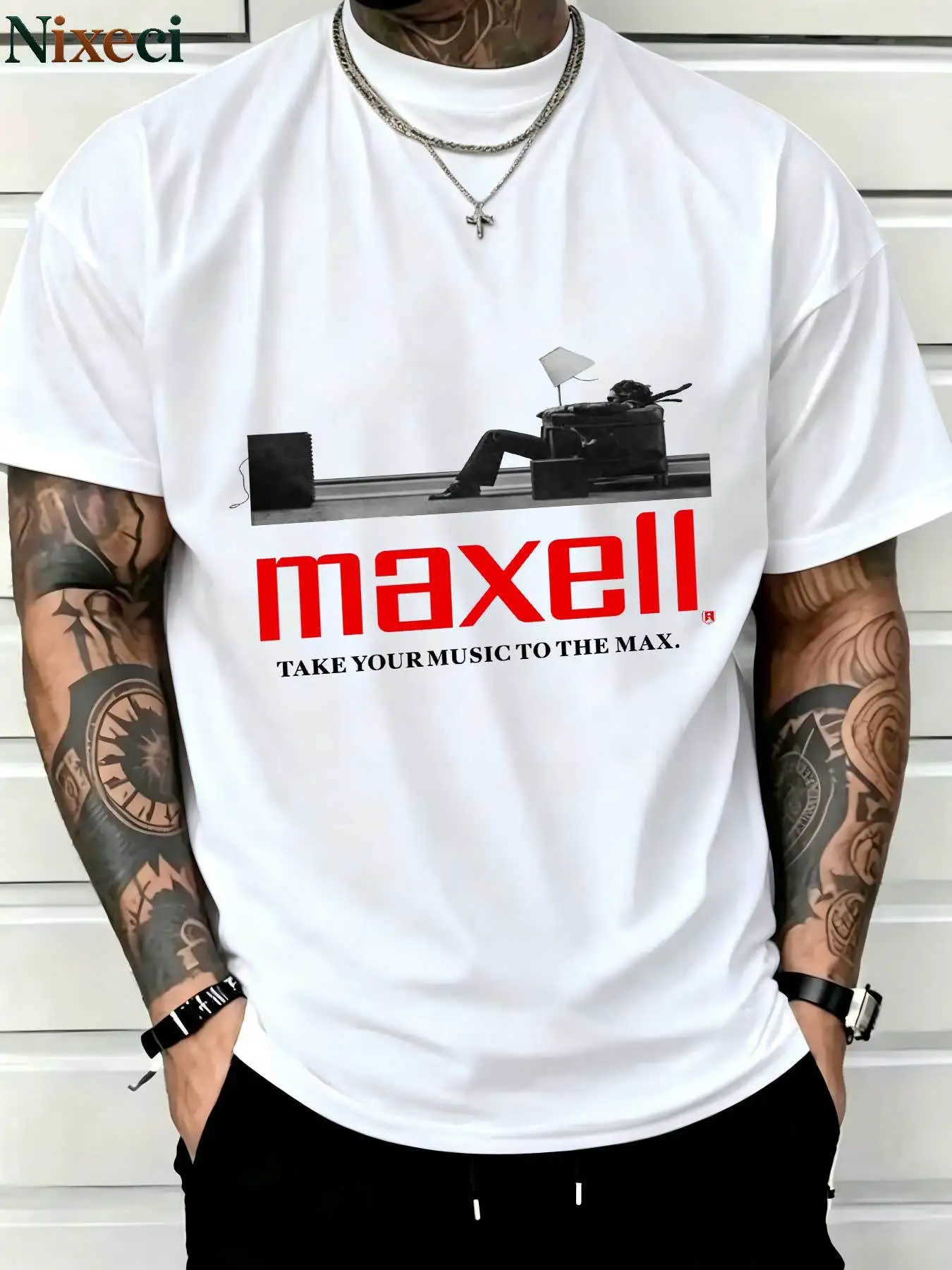 White Casual Short Sleeve T-Shirt with Maxell Music Graphic Print, Take Your Music To The Max, for Men
