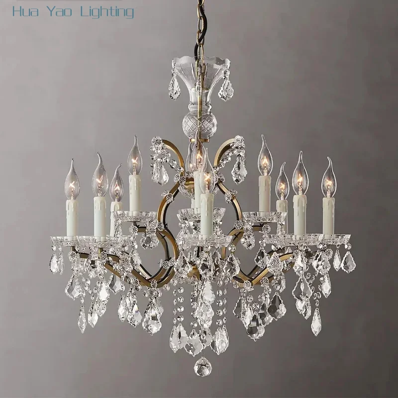 Vintage Crystal Round Chandelier Brass Candelabra Ceiling Chandelier LED Foyer Luxurious Clear Crystal Gloss Lamp