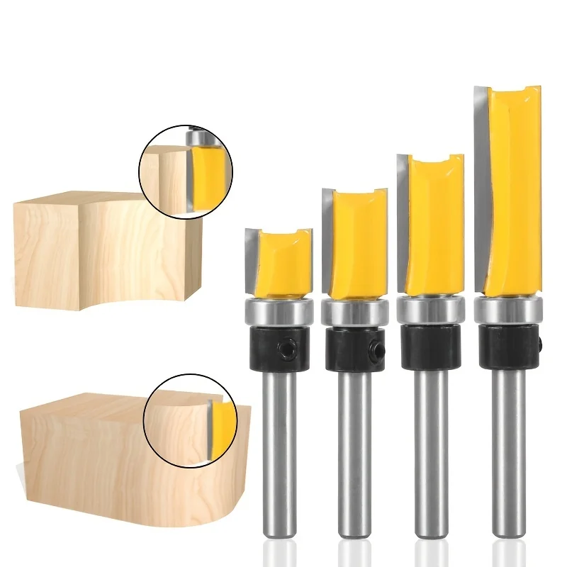 4pcs,1/4-Inch Shank Bearing Guided Pattern Router Bit - Woodworking Edge Trimming Tool with Double-Edged Straight Cutter