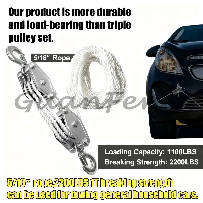 50 Ft 3/8" Block And Tackle Pulley Hoist, 5:1 Lifting Power, Heavy Duty 2200 Lbs Multifunctional Rope Pulley System