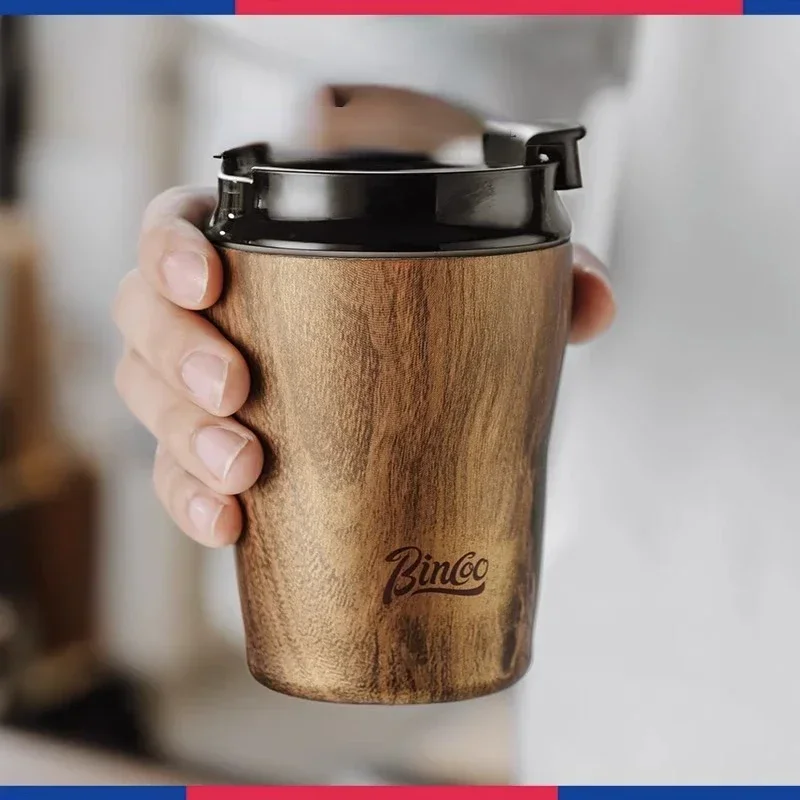 Portable Stainless Steel Water  Vintage Coffee Cup Ceramic Inner Tank Thermos  Wood Grain Accompanying Cup