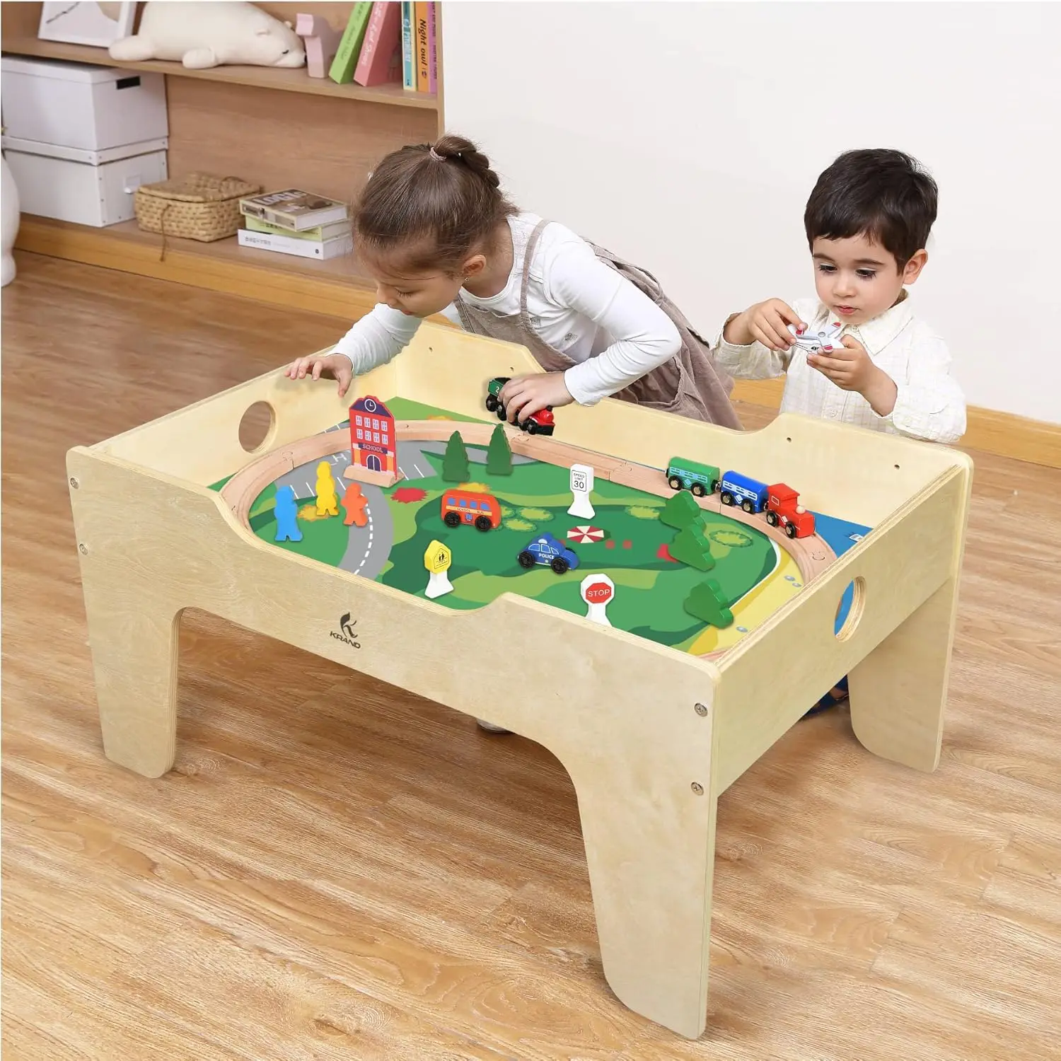 Table de jeu tout-en-un pour enfants, 290 briques de construction, ensemble de train en bois de 30 pièces, chemin de fer, voitures, voie ferrée et accessoires